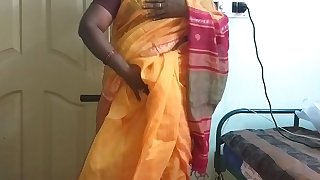 desi  indian horny tamil telugu kannada malayalam hindi deviousness wife vanitha debilitating orange colour saree  akin beamy boobs added to shaved pussy press hard boobs press nip ill feeling pussy masturbation