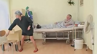 Sexy young nurse gives a blow job to an old pig in hospital
