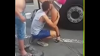 Guy forced up suck pussy in public